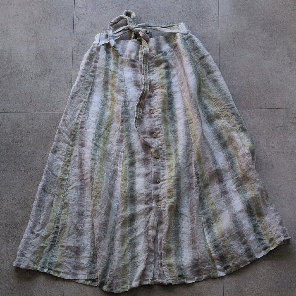 Tregine Brand Women's Button-Front Flowy Striped Skirt 100% Linen